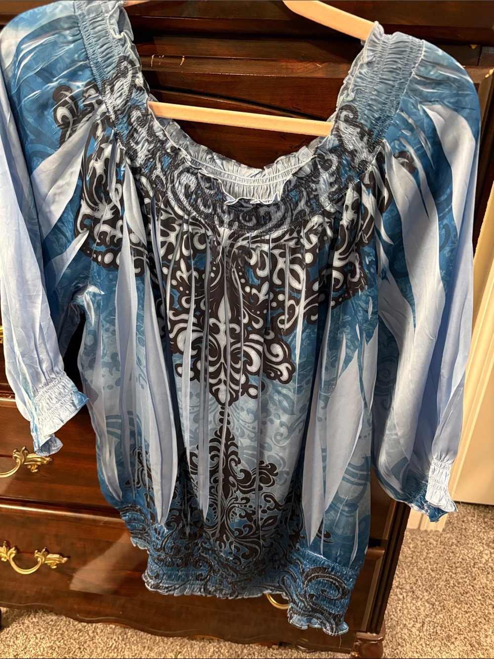 Cato Blue and Black Printed Peasant Tunic